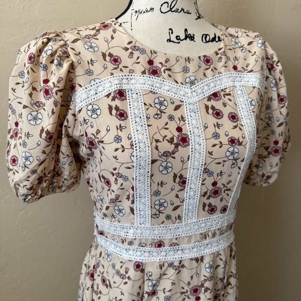 Vogue Floral Puff Sleeve Midi Dress Lace Trim Cottagecore Prairie Dress L - Picture 6 of 8